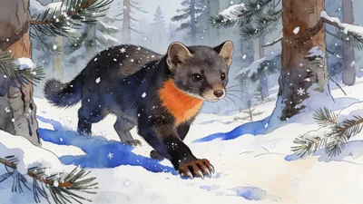 Visual depiction of A pine marten moving through a snowy Scots pine forest