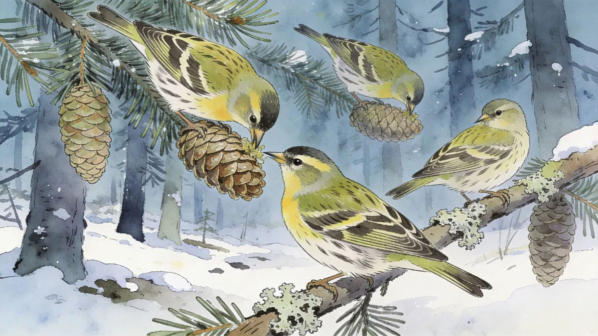 Visual depiction of A pine siskin flock feeding on spruce cones in a winter conifer forest