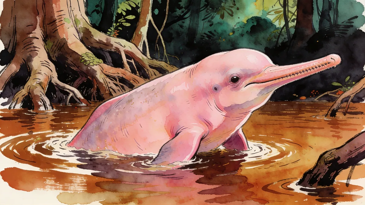 Visual depiction of A pink river dolphin surfacing in a flooded Amazonian forest