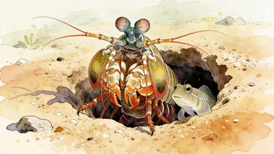 Visual depiction of A pistol shrimp in its burrow shared with a goby