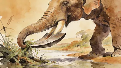 Visual depiction of A Platybelodon shovel-tusked elephant scooping vegetation from a Miocene riverbank