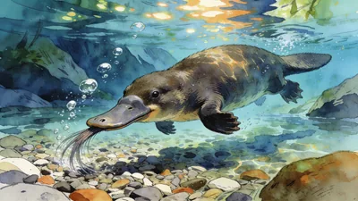 Visual depiction of A platypus swimming in a cool clear mountain stream