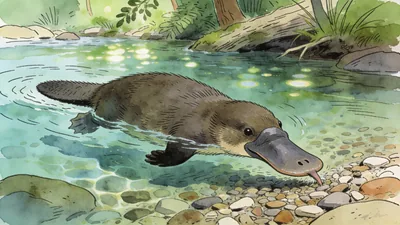 Visual depiction of A platypus swimming in a clear Australian creek