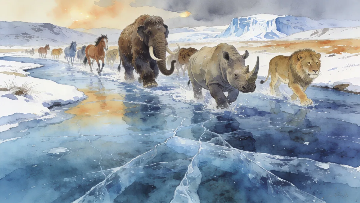 Visual depiction of A Pleistocene ice age landscape panorama — mammoths