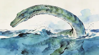 Visual depiction of A Plesiosaurus in a Jurassic sea