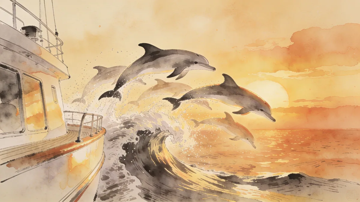 Visual depiction of A pod of dolphins surfing the bow wave of a vessel at sunset