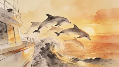Visual depiction of A pod of dolphins surfing the bow wave of a vessel at sunset