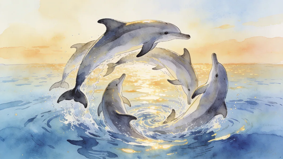 Visual depiction of A pod of spinner dolphins spiralling in a clear blue ocean at dawn
