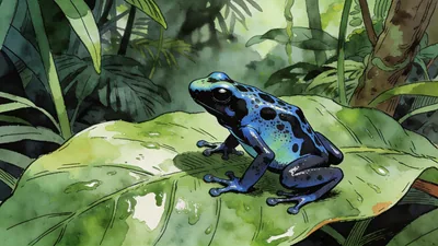 Visual depiction of A poison dart frog perched on a giant wet leaf in dense jungle undergrowth
