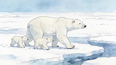 Visual depiction of A polar bear mother with two small cubs walking across sea ice