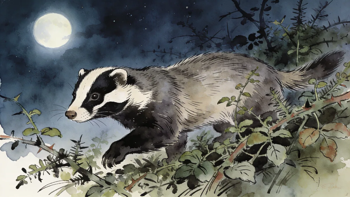 Visual depiction of A polecat moving through a hedgerow at night