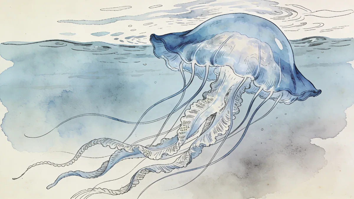 Visual depiction of A portuguese man o war drifting at the ocean surface