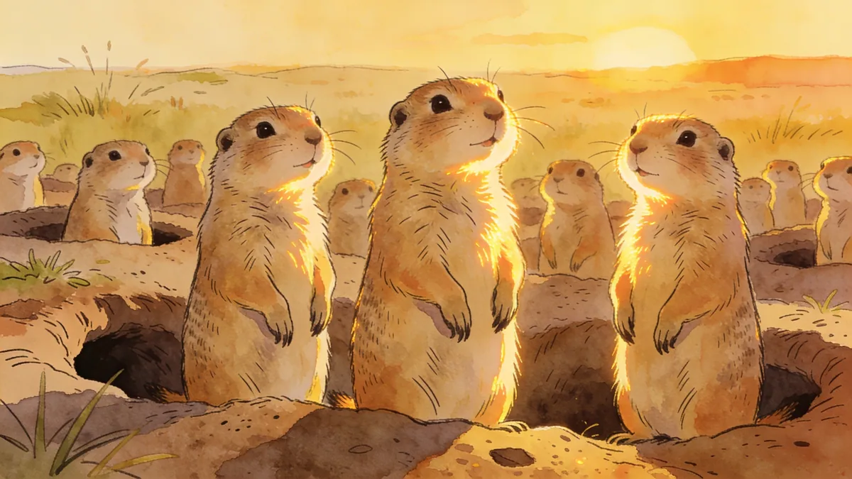 Visual depiction of A prairie dog colony standing upright at their burrow entrances at sunset