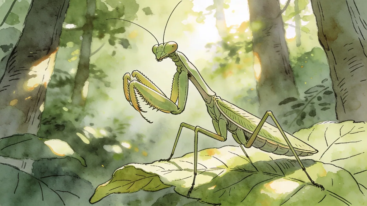 Visual depiction of A praying mantis perched on a forest leaf in dappled sunlight