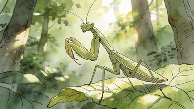 Visual depiction of A praying mantis perched on a forest leaf in dappled sunlight