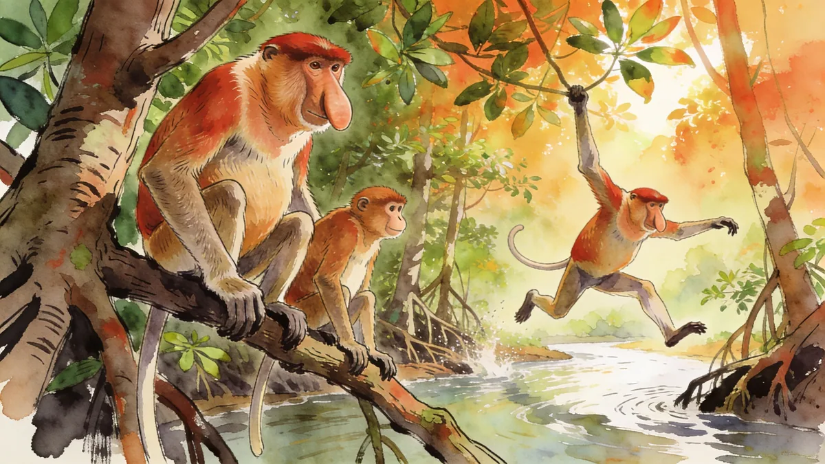 Visual depiction of A proboscis monkey family in a Borneo mangrove forest