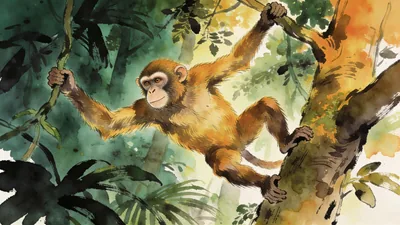 Visual depiction of A Proconsul climbing through a Miocene Kenyan forest