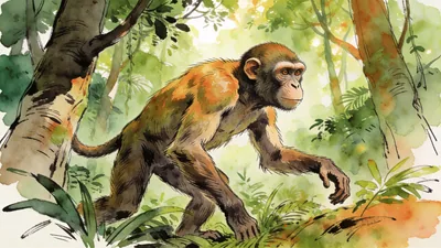 Visual depiction of A Proconsul — early ape ancestor — in a Miocene African forest