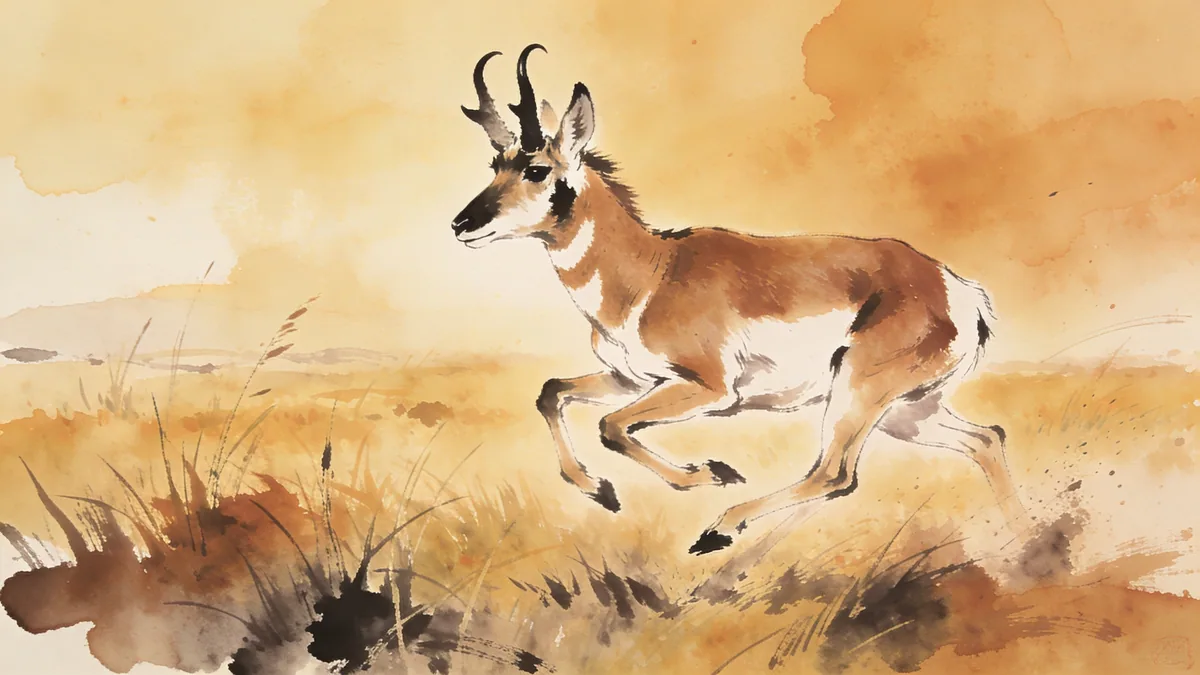 Visual depiction of A pronghorn antelope in full bounding gallop across shortgrass prairie