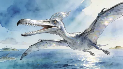 Visual depiction of A Pteranodon soaring on thermals above a Cretaceous inland sea