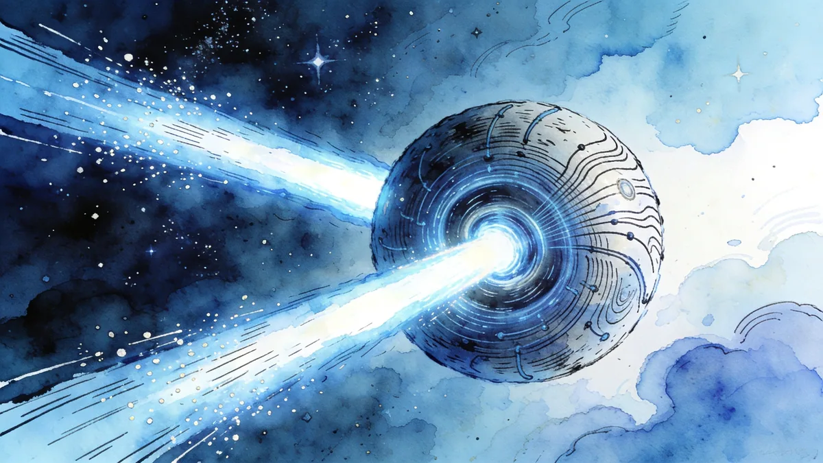 Visual depiction of A pulsar beaming twin jets of radiation across interstellar space