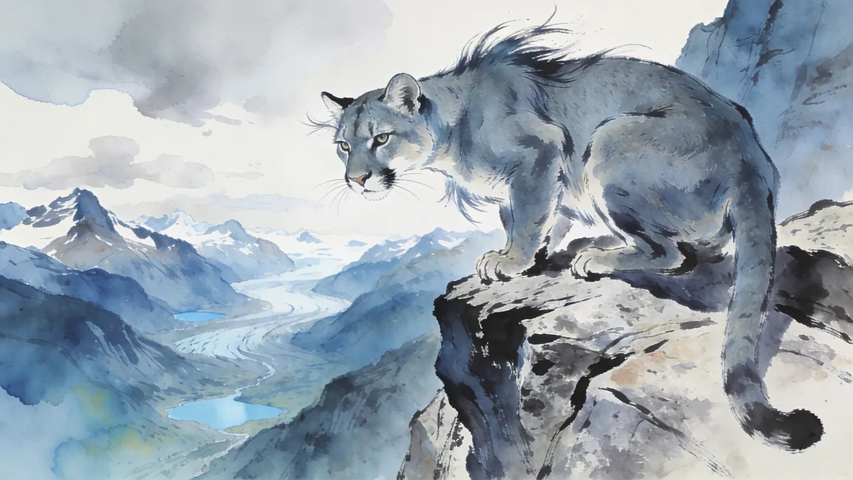 Visual depiction of A puma crouching on a granite mountain ledge above a Patagonian valley