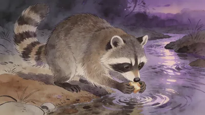 Visual depiction of A raccoon carefully washing food at a creek's edge at twilight