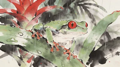Visual depiction of A red-eyed tree frog clinging to a wet bromeliad leaf in tropical downpour