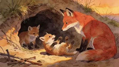 Visual depiction of A red fox family at their den entrance at dusk