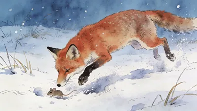 Visual depiction of A red fox pouncing into deep snow to catch a mouse in a winter meadow