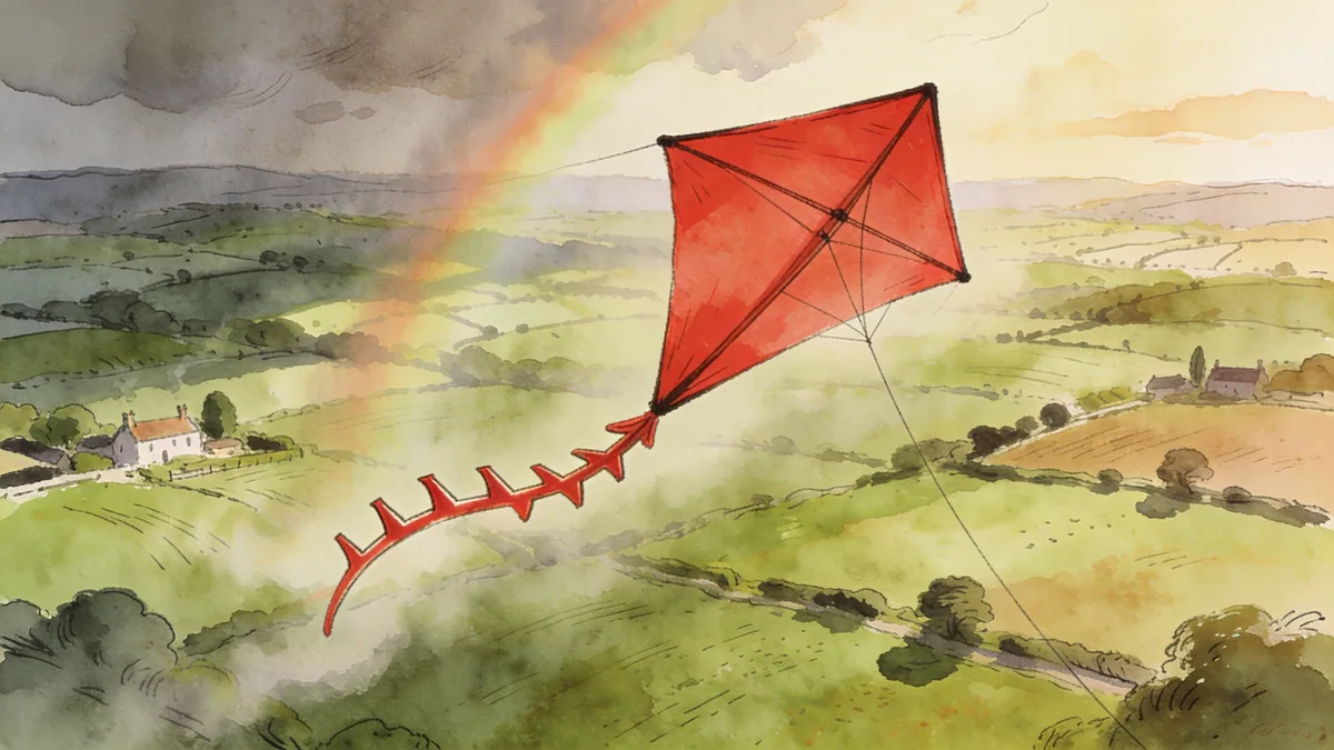 Visual depiction of A red kite riding a thermal above green English countryside