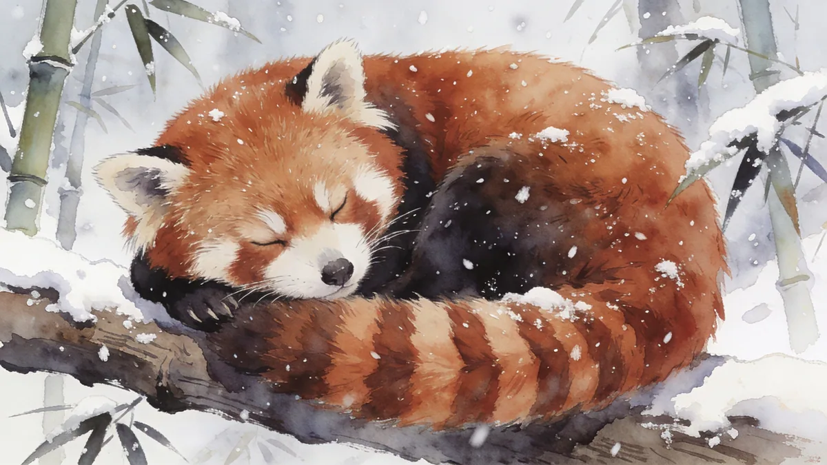 Visual depiction of A red panda curled asleep on a Himalayan forest branch in snowfall