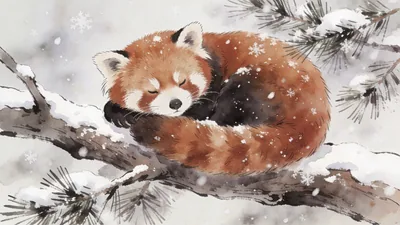 Visual depiction of A red panda curled on a snow-dusted pine branch after light snowfall