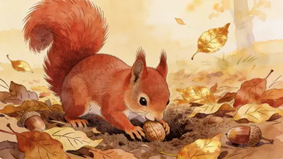Visual depiction of A red squirrel burying a nut in autumn leaf litter