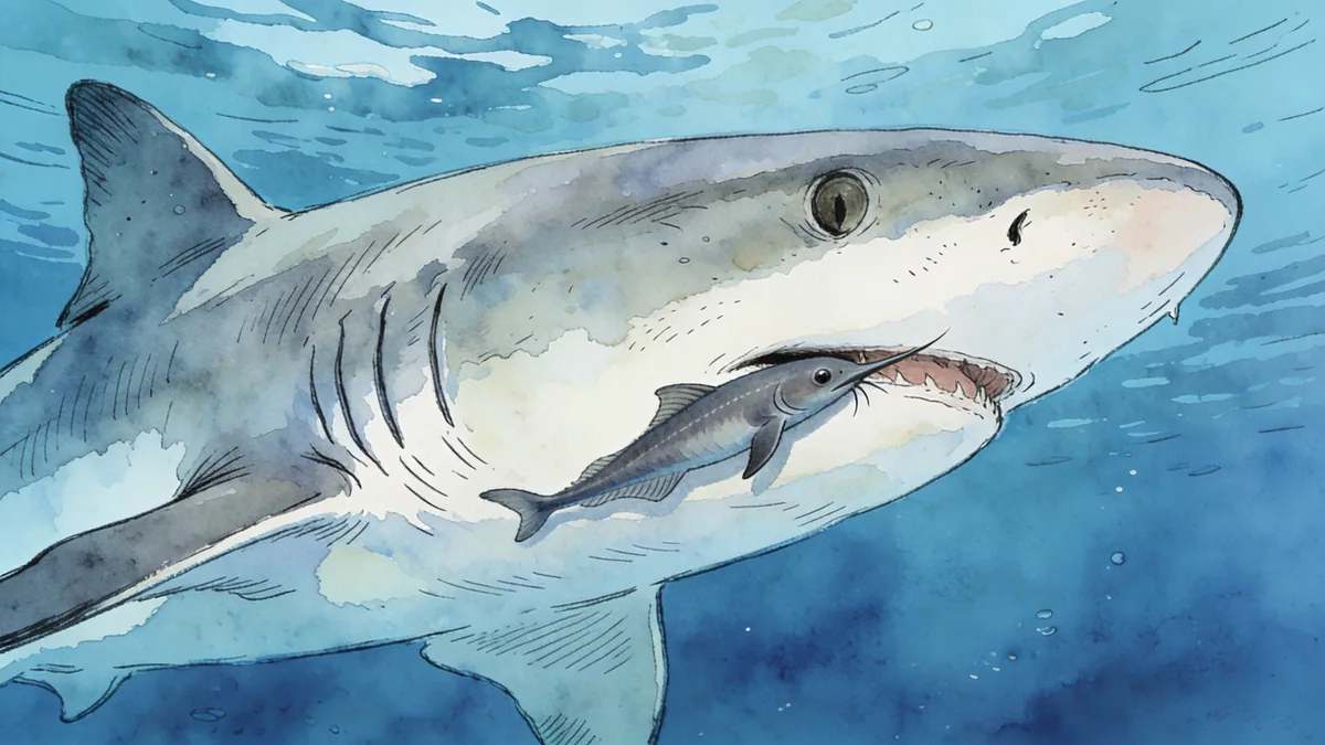 Visual depiction of A remora attached to a shark's belly