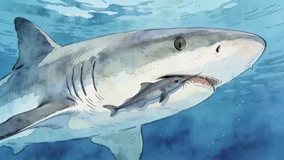 Visual depiction of A remora attached to a shark's belly