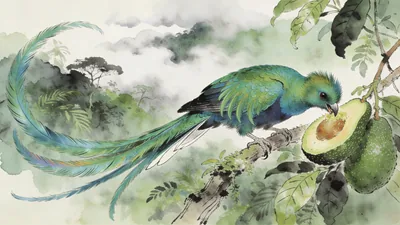 Visual depiction of A resplendent quetzal male in a cloud forest