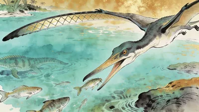 Visual depiction of A Rhamphorhynchus diving for fish over a Jurassic lagoon