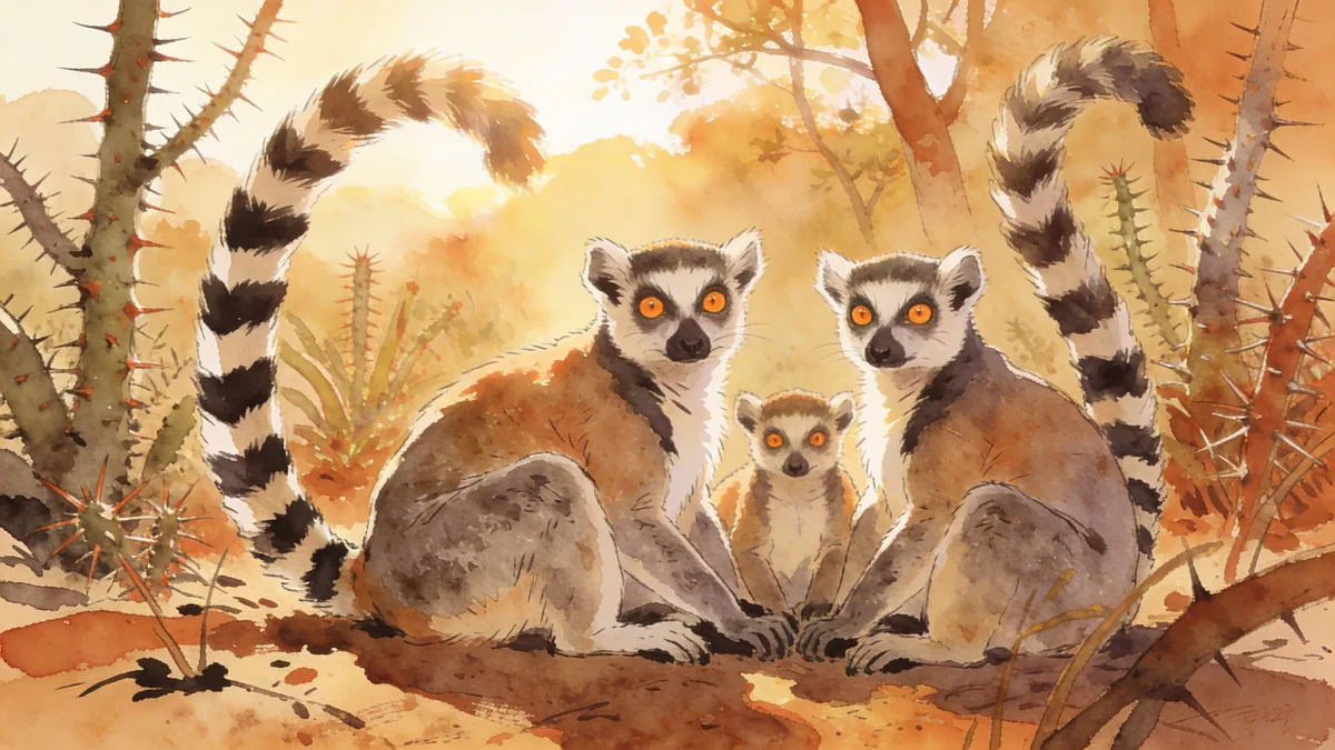 Visual depiction of A ring-tailed lemur family basking in morning sun in a Madagascar spiny forest