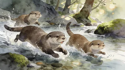 Visual depiction of A river otter family sliding and playing in a cold mountain stream