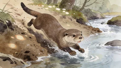 Visual depiction of A river otter sliding down a muddy riverbank into a cold stream