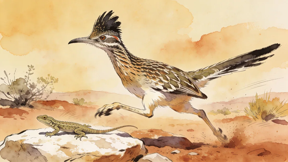 Visual depiction of A roadrunner at full sprint catching a lizard on a rocky desert floor