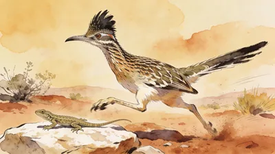 Visual depiction of A roadrunner at full sprint catching a lizard on a rocky desert floor
