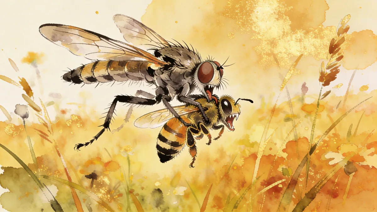 Visual depiction of A robber fly holding a captured bee in mid-air