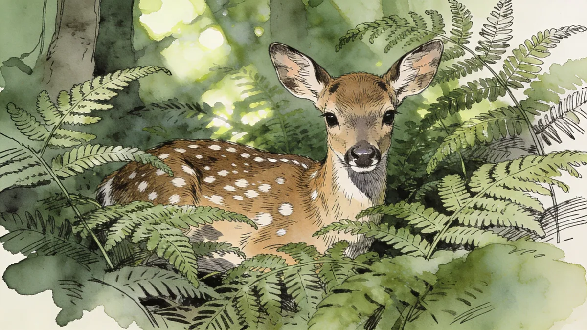 Visual depiction of A roe deer fawn hidden in fern undergrowth