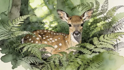 Visual depiction of A roe deer fawn hidden in fern undergrowth