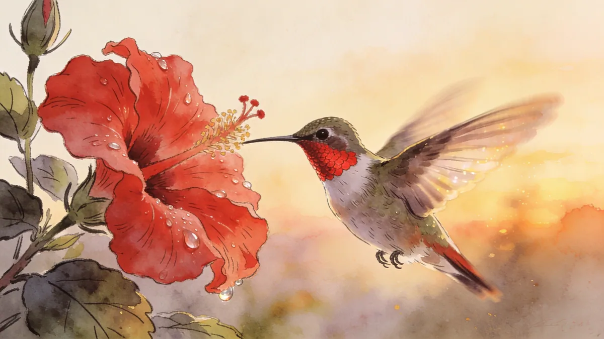 Visual depiction of A ruby-throated hummingbird hovering at a red hibiscus flower at dawn
