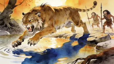 Visual depiction of A saber-tooth cat stalking early hominids at a waterhole