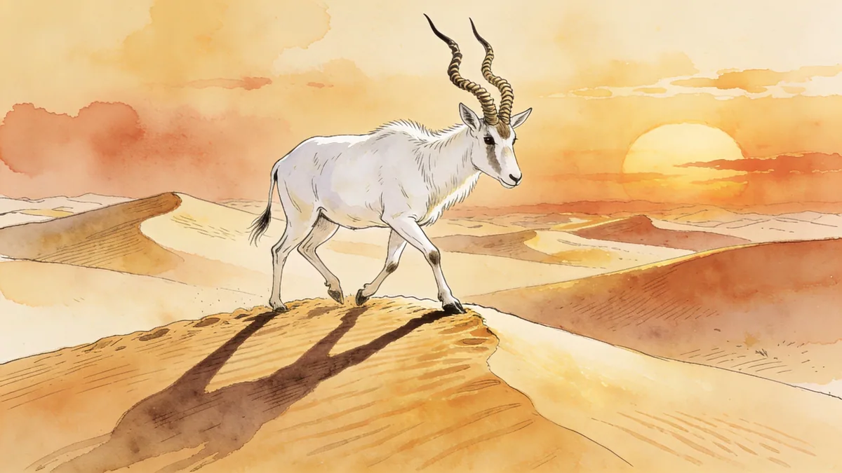 Visual depiction of A Saharan addax antelope crossing pale golden sand dunes at sunset
