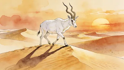 Visual depiction of A Saharan addax antelope crossing pale golden sand dunes at sunset